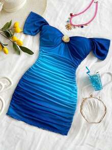 Vestido mini ajustado de punto con escote de hombros descubiertos, para vacaciones - Azul - Ver 9