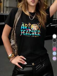 Camiseta de manga corta y cuello redondo para mujer, estilo Y2K, color liso, tamaños XS-XXL, camiseta cómoda para profesores de arte, camiseta con estampado de lápices, sudadera para profesores, camiseta para el primer día, regalo para profesores de arte, camiseta para el regreso a clases - Negro - Ver 2