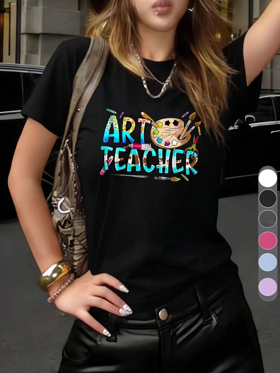 Camiseta de manga corta y cuello redondo para mujer, estilo Y2K, color liso, tamaños XS-XXL, camiseta cómoda para profesores de arte, camiseta con estampado de lápices, sudadera para profesores, camiseta para el primer día, regalo para profesores de arte, camiseta para el regreso a clases