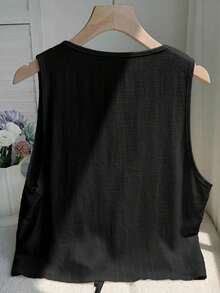 2026 Nuevo Top sin mangas con cuello en V, lazo delantero y bordado floral para mujer, ideal para vacaciones en la playa, uso casual, estilo Y2K de los 2000, primavera, graduación, fiesta de boda, vacaciones elegantes, San Valentín, carnaval, - Negro - Ver 2