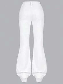 Explorewe Jeans de mezclilla estilo Y2K versátiles lavados y desgastados con pierna acampanada y elásticos para niñas adolescentes - Blanco - Ver 2