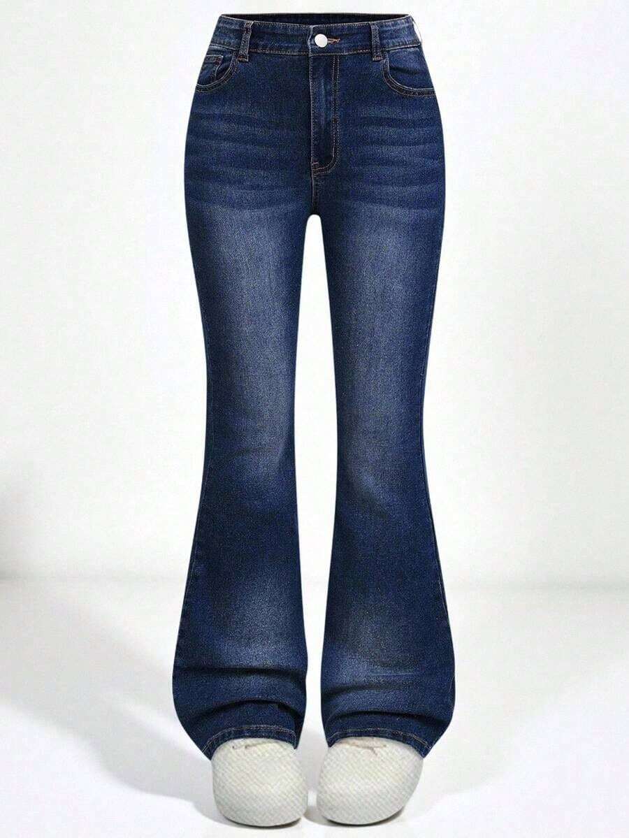 Explorewe Jeans de mezclilla estilo Y2K versátiles lavados y desgastados con pierna acampanada y elásticos para niñas adolescentes - Azul lavado oscuro - Ver 1