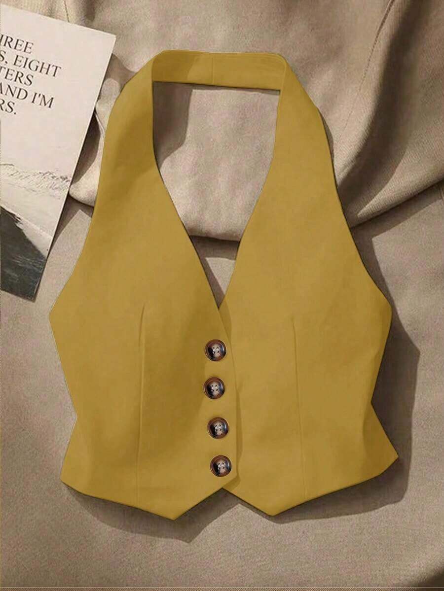 Top sin mangas con espalda descubierta casual para mujer, con botones delanteros, estilo elegante, para verano - Amarillo - Ver 1