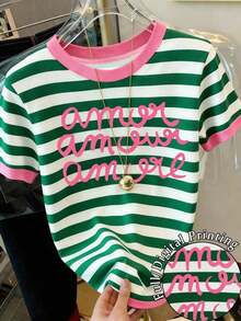 Camiseta de mujer de manga corta, cuello redondo, estampado de letras y rayas, informal, para verano - Multicolor 5 - Ver 1