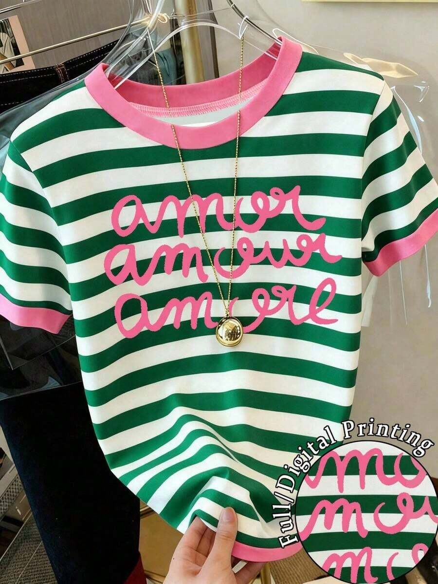 Camiseta de mujer de manga corta, cuello redondo, estampado de letras y rayas, informal, para verano - Multicolor 5 - Ver 1