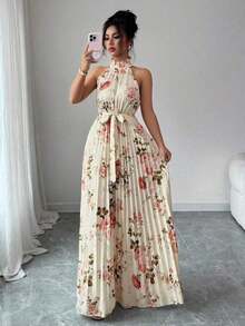 Vestido elegante y romántico sin mangas con cuello en V y bajo acampanado con estampado, multicolor, para mujeres - Multicolor 8 - Ver 7