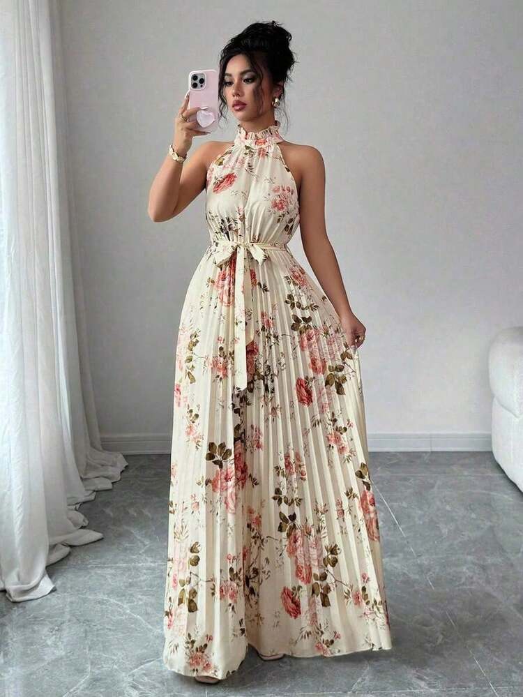 Vestido elegante y romántico sin mangas con cuello en V y bajo acampanado con estampado, multicolor, para mujeres - Multicolor 2 - Añade 6