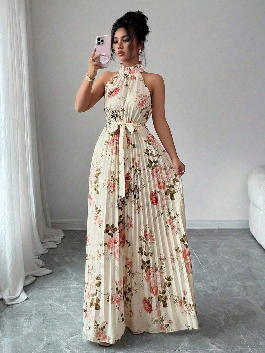 Elenzya Vestido elegante y romántico sin mangas con cuello en V y bajo acampanado con estampado, multicolor, para mujeres - Multicolor 9 - Ver 1