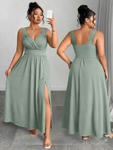 Elenzya Vestido línea A con cuello en V, contraste de encaje, tirantes finos y abertura para tallas grandes - verde menta 2 - Ver 1