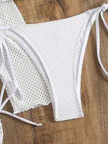 Conjunto de bikini de triángulo de unicolor con pareo para vacaciones en la playa, verano negro - Blanco - Ver 4