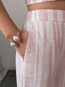 Nuevo conjunto de 2 piezas de primavera/verano con top sin mangas de lino texturizado a rayas azul y blanco, y pantalones casuales acampanados con bolsillos duales, elegante estilo casual - Rosa - Ver 4