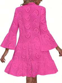 Vestido blanco de manga larga, elegante y holgado con encaje calado y abertura frontal para mujer, de estilo casual y primaveral - Rosa Fucsia - Ver 2