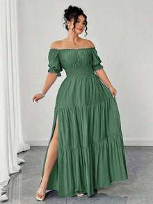 Vestido casual elegante de talla grande para mujer de primavera/verano, en azul sólido de aspecto de mezclilla con cintura fruncida y con abertura lateral - Verde - Ver 3