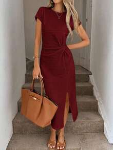 Vestido midi casual de mujer con estampado de lunares, cintura retorcida y abertura alta sin mangas; Vestido ajustado texturizado casual de mujer; Conjunto de fitness de mujer; Vestido de invitada de boda de mujer; Atuendo de oficina de mujer - Burdeos - Ver 2