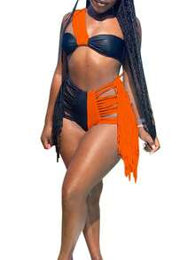 Women's Sexy Contrast Color Bikini, Sleeveless Off-shoulder Tops Briefs Swimsuit, Classic Tassel Decoration Two-pieces Set - naranja - Ver 1