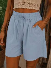 Bermuda ligera mujer short unicolor con costura de contraste, pantalón corto con cintura ajustable dama para vacaciones - Azul - Ver 6
