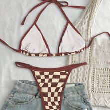 Swim Vcay 2pcs Women Spring Break Checkered Print Halter Neck Sexy Bikini Set For Summer Beach Vacation - Multicolor - Ver 11