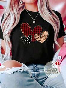 Womens Casual Polyester Round Neck Short Sleeve-Shirt with Heart Print blusas para mujer playeras de mujer blusas casuales para dama - Negro - Ver 3