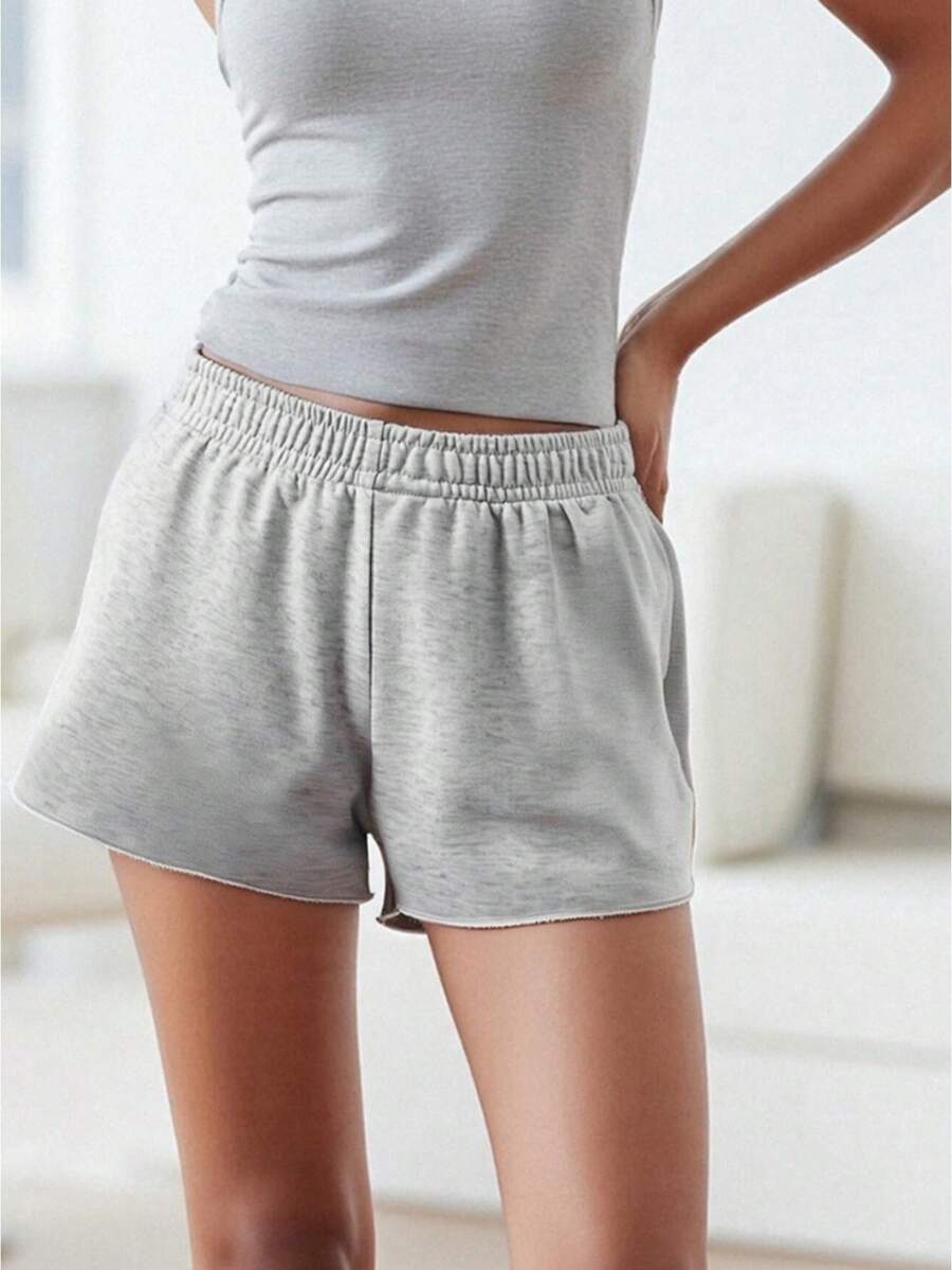 Pantalones cortos de yoga casuales de verano para mujer, color liso, cintura elástica, estilo jogger holgado. - Gris - Ver 1