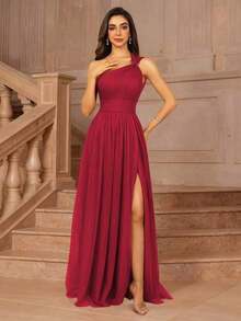 Vestido formal largo para dama de honor, invitada de boda, evento, verano, San Valentín, cumpleaños, con cuello cruzado asimétrico de un hombro, espalda descubierta, falda de tul en línea A, vestidos de mujer para otoño, regreso a clases, fiesta de bienvenida, cumpleaños, primavera elegante - Rojo - Ver 7