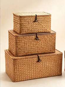 1 pieza Cesta de almacenamiento rectangular de ratán con tapa, caja de almacenamiento tejida de ratán, contenedor de almacenamiento multiusos, adecuado para juguetes, dormitorio, baño, cocina, decoración del hogar, regalo de Año Nuevo, Día de San Valentín - Marrón - Ver 9
