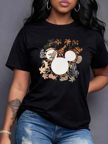 Figura central con formas animales y palmeras que simbolizan la conexión con la naturaleza salvaje y la belleza tropical camiseta para mujer casual de manga corta cómoda perfecta para uso diario,Elegante blusa de mujer. - Negro - Ver 1