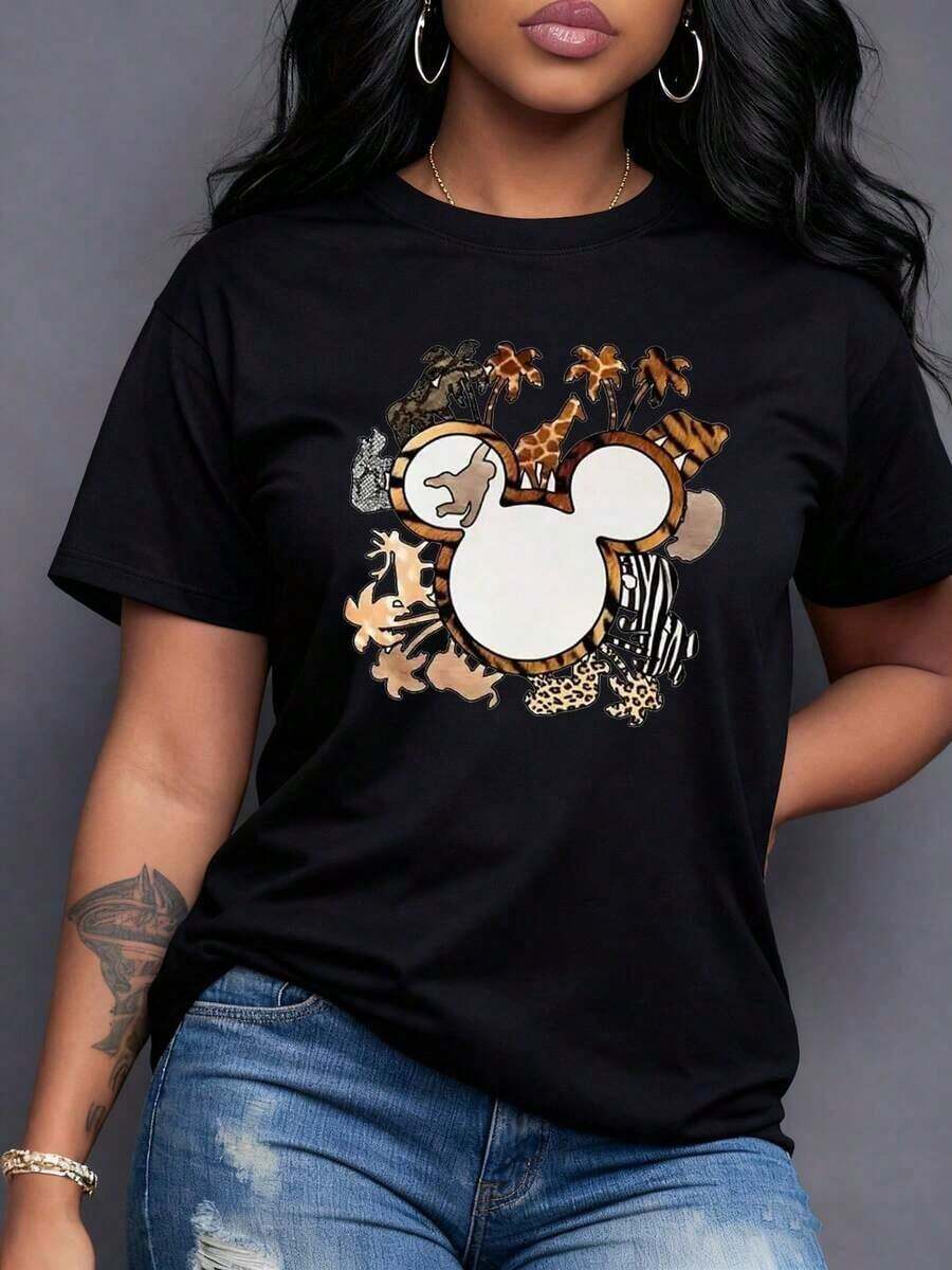 Figura central con formas animales y palmeras que simbolizan la conexión con la naturaleza salvaje y la belleza tropical camiseta para mujer casual de manga corta cómoda perfecta para uso diario,Elegante blusa de mujer. - Negro - Ver 1