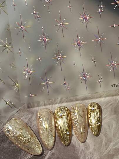 1 Sheet Of Elegant Pink Starburst Nail Sticker, 5D Three-Dimensional Shiny Star Nail Art, Sweet And Simple Reusable Nail Decoration
