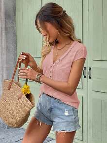 Camiseta de punto de gofre de cuello en V sólido, de manga corta, casual para primavera y verano - Rosa - Ver 4
