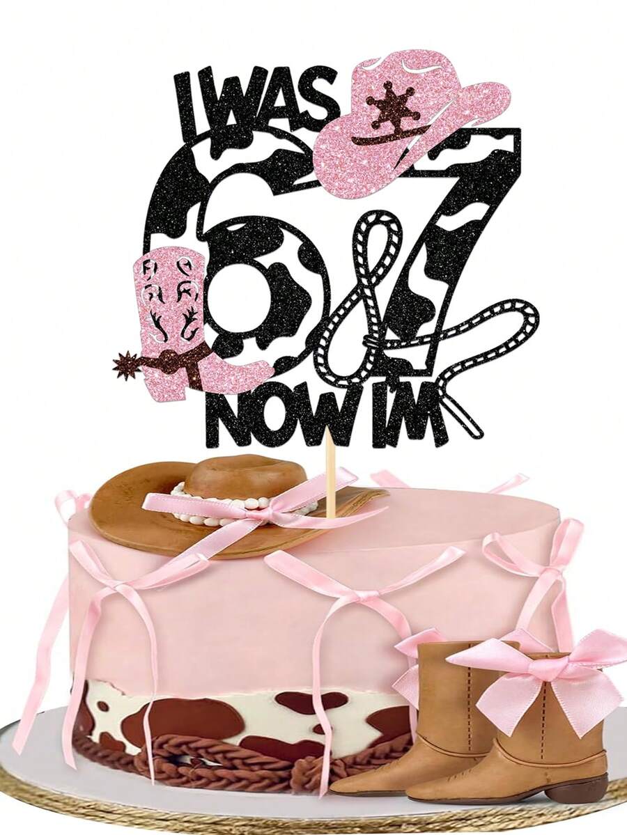 7岁生日蛋糕装饰,西部风格7岁生日蛋糕装饰,“我7岁了”,西部牛仔主题7岁生日派对装饰,黑粉色闪光 - 6 7生日 - 查看 1
