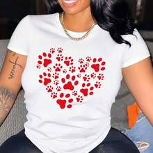 Camiseta Casual Vintage de Talla Grande para Mujer con Cuello Redondo y Diseño de Corazón y Huella de Pata, Tejido de Algodón Elástico, Top de Moda para Todas las Temporadas. - Blanco - Ver 7