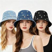 New Daisy Flower Bucket Hat For Women, Washed Denim Bucket Hat, Retro Casual Versatile Sun Protection Hat, Suitable For Spring, Summer, Autumn - Fisherman's Hat - View 5