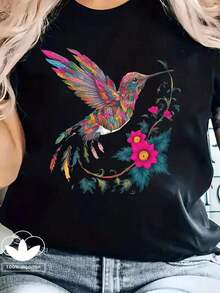 Camiseta de Manga Corta con Estampado de Colibrí para Mujeres y Hombres - Fondo Negro con Flores Rosadas, Adecuada para Gimnasio, Ropa Casual, Fiesta, Sudadera Holgada - Top Ligero para Todas las Estaciones - Fácil de Usar a Diario y Formal, Suéter Lindo, Ropa de Fiesta, Ajuste Cómodo, Ropa de Gimnasio, Diseño de Moda, Estructura Duradera, Ropa Unisex, Entusiastas de la Moda, Actividades al Aire Libre, Cuello Redondo, 100% Algodón - Negro - Ver 1