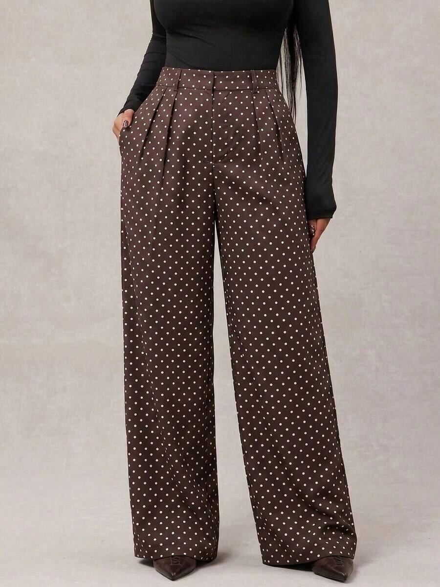 Pantalones anchos de pierna ancha de color café oscuro de moda minimalista para mujeres, pantalones de oficina de pierna ancha de color marrón para mujeres con cintura alta, pantalones de traje marrón para otoño/invierno - Café integral 3 - Ver 1