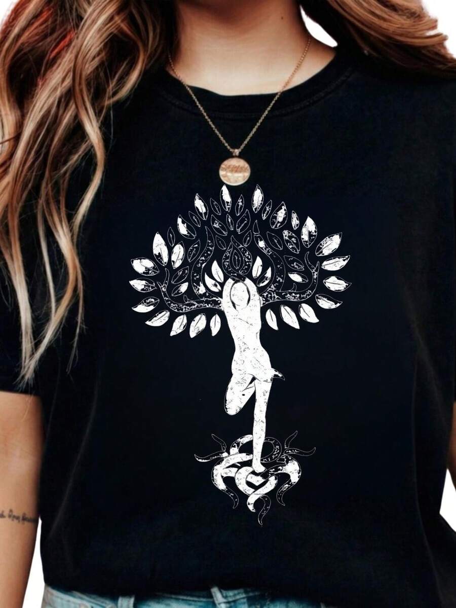 Camiseta Tree of L1ife Yoga Woman Roots Spiritual Balance, regalo para amantes del yoga y la meditación, camiseta gráfica boho espiritual A1wakening. Camiseta unisex de algodón puro de 220 g, peso ideal para todas las estaciones, adecuada tanto para hombres como para mujeres. Tejido duradero de alta calidad, suave al tacto y de larga duración. Top transpirable. Adecuado para la primavera y el verano de las mujeres, vacaciones, Día de la Madre, Día de la Independencia. - Negro - Ver 1