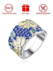 1 pièce Bague fleurie luxueuse en argent sterling S925 avec diamants colorés, entièrement sertie de zircone cubique bicolores, design large, bijou en argent élégant, convient pour un port quotidien, assortiment de styles, peut également être offert en cadeau à la petite amie ou à l'amie. Cadeau floral pour la petite amie ou l'amie. Boîte cadeau - Argent - Voir 11