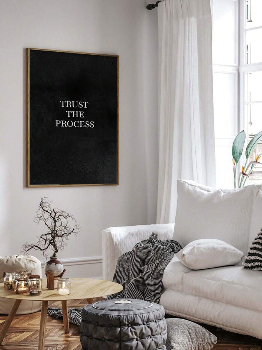 1 pièce Affiche minimaliste sans cadre noire "Faire confiance au processus" - Art mural moderne et motivant avec la phrase "faire confiance", fond neutre noir et texte. Convient pour la maison, le bureau, la chambre, la cuisine, la salle de classe - Utilisation intérieure/extérieure, impression sur canevas, 2D plat - Texte A - Voir 1