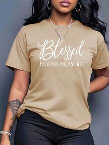Soft 100% Cotton Women's Casual Crew Neck Short Sleeve Regular Length T-Shirt With Beyond Measure Print, Breathable, Goes With Everything, Great. - 杏色 - 查看 8