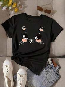 Soft 100% Cotton T-Shirt, Women's Short Sleeve White Casual T-Shirt, Round Neck, Regular Length, Cat Print, Breathable Cotton T-Shirt, Goes With Everything, Great. - 黑色 - 查看 2