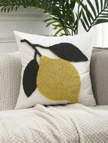 1pc Lemon Slice Velvet Decorative Throw Pillow Cover, Canvas Embroidered Summer Sofa Decor, Holiday Gift, Yellow - Green - View 1