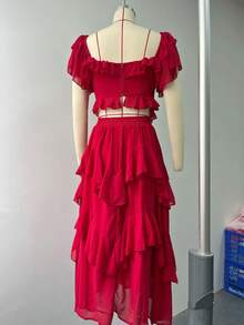 Vestido largo elegante con volantes espalda descubierta y corte calado para vacaciones - Burdeos - Ver 3
