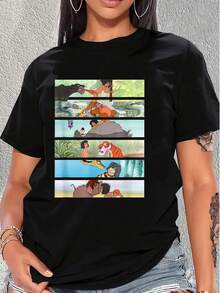 Colorful Scenes Depicting The Friendship Between A Child And Jungle Animals Symbolizing A Connection To Nature And Inner Harmony. Soft And Comfortable Women's T-Shirt, Ideal For Casual Everyday Wear. - 黑色 - 查看 6