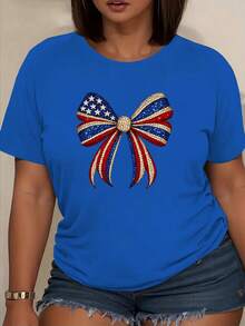Women's Short-Sleeved Athletic T-Shirt With A Crew Neck, American Flag Print, And A Bow. Perfect For Summer Wear, Home, Gatherings, Vacations, School, Parties, And More. A Must-Have For Fall And Winter, Ideal For Travel Outfits. Great Gift Idea. - 藍色 - 查看 3
