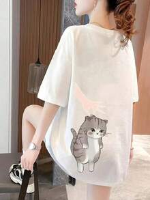Camiseta Personalizada para Mujer, Casual, con Estampado de Gato, Corte Holgado, Cuello Redondo, Manga Corta, Primavera/Verano, Negra, Estilo Vintage Urbano, Camiseta Holgada de Algodón con Cuello Redondo y Manga Corta - Blanco - Ver 3