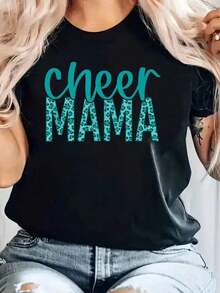 Women's Oversized Mom Lettering T-Shirt - Turquoise And White Cheerleader Print, Breathable Short Sleeve Crew Neck Top For Moms, Summer Casual Wear, Cheerleading Events And Everyday Outfits - Pure-Cotton - 黑色 - 查看 7