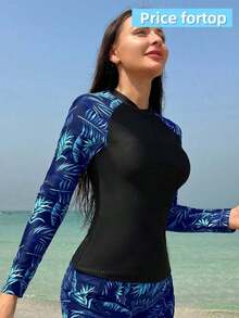 Swim SPRTY Top de tankini con mangas raglán, bloque de color e impresión tropical de playa de verano (1 pieza de top solamente) - Azul marino - Ver 3
