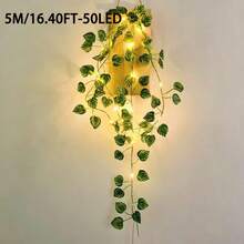 1件 2M/5M/10M 綠色人造常春藤葉藤蔓附銅線LED燈串，電池供電，適用於房間、臥室、院子裝飾，營造春季節慶氛圍 - 暖光 - 查看 13