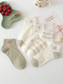 1/5 Pairs Women's Random Cartoon Cherry Letter Solid Color Fashion Minimalist Low-Cut Socks, Soft Comfortable Breathable, Cute Versatile, Suitable For All Seasons Daily Outings - Multicolor - View 4