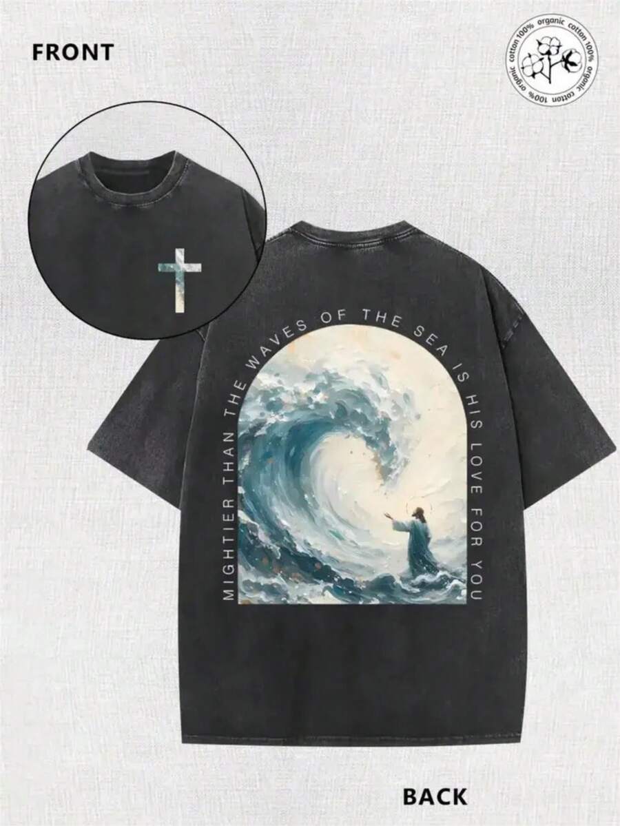 Vintage Pure Cotton T-Shirt With Washed Print - Modern And Fashionable Design, Eye-Catching Print, Comfortable And Casual, Suitable For Street, Outdoor Adventures And Travel, The First Choice To Give As A Gift To Family, Friends And Colleagues, And Perfect For Christmas Parties. - 黑色 - 查看 1