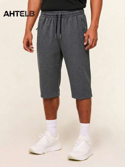  AHTELB Men's 3/4 Length Khaki Shorts, Elastic Waist With Drawstring, Knee-Length Casual Shorts With Zipper Pockets, Soft And Breathable Athletic 7/8 Pants Suitable For Fitness, Running, Jogging, Men's Sportswear, Men's Running Pants, Men's Trousers, Men's Sportsuit, Suitable As Gift For Friends, Husband, Boyfriend